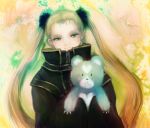  abstract_background aoki_hagane_no_arpeggio black_coat blonde_hair claws closed_mouth commentary_request eyelashes fur-trimmed_hair_tie gold_trim green_eyes haruna_(aoki_hagane_no_arpeggio) high_collar holding holding_stuffed_animal katari long_hair looking_at_viewer ringlets sleeves_past_wrists smile stuffed_animal stuffed_toy teddy_bear twintails very_long_hair yotarou_(aoki_hagane_no_arpeggio) zipper 