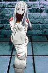  absurdres albino barefoot bodysuit boobnasslover deadman_wonderland feet feet_out_of_frame gloves highres huge_filesize photo-referenced red_eyes smile soles solo toes white_hair 