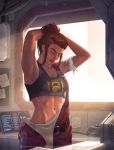  adjusting_hair armband armpits backlighting breasts brigitte_(overwatch) brown_hair closed_eyes clothes_writing commentary crop_top english_commentary eyebrows freckles hands_in_hair highres krystopher_decker long_hair navel nose overalls overwatch ponytail single_strap sleeveless small_breasts solo stomach toned workshop 