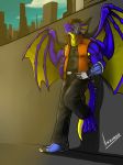  anthro city claws clothed clothing dragon horn male muscular muscular_male ndragon3 outside solo standing teeth wings 