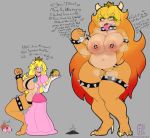  2018 anthro big_breasts blonde_hair blush breast_expansion breasts clothing crown dress fangs female grey_background hair horn huge_breasts koopa long_hair mario_bros masturbation navel nintendo nipples panting princess_peach pussy_juice red_eyes scalie simple_background slightly_chubby smile solo spikes thetransformtentacle thong tongue tongue_out transformation video_games wide_hips 