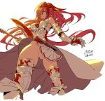  armor bangs bare_shoulders blue_eyes breasts detached_collar fbc gauntlets gloves godguard_brodia granblue_fantasy hair_between_eyes hair_ornament large_breasts long_hair looking_at_viewer no_panties open_mouth red_hair skirt solo sword very_long_hair weapon 