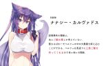  animal_ears bracelet breasts character_name character_profile collar crop_top jewelry kasuka_(kusuki) long_hair looking_at_viewer medium_breasts nanacy_calvados navel original parted_lips purple_eyes purple_hair simple_background solo tail translated two_side_up upper_body very_long_hair white_background wolf_ears wolf_tail 