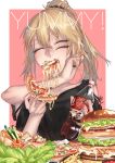  ^_^ bacon bare_shoulders beef black_nails black_scrunchie black_shirt blonde_hair blush bottle cheese closed_eyes coca-cola eating english extra_arms extra_eyes eyelashes fingernails food french_fries hair_ornament hair_scrunchie hamburger happy highres holding holding_bottle holding_food kanjou_jouki long_fingernails medium_hair nail_polish original pink_background pizza plate ponytail salad sauce scrunchie shiny shiny_hair shirt shoulder_cutout simple_background solo tomato upper_body 