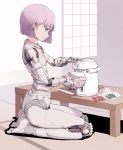  android commentary_request cup_ramen food highres noodles original parts_exposed pink_hair purple_eyes purple_hair ramen seiza sitting sketch smile solo sukabu table water 