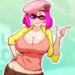  beret blue_eyes breasts cleavage contrapposto domino_mask groin hand_on_hip hat huge_breasts inkling jacket mask mike_inel navel older one_eye_closed pink_hair pointy_ears smile solo splatoon_(series) standing tentacle_hair wide_hips 