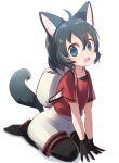  animal_ears backpack bag black_hair blue_hair eyebrows_visible_through_hair fang gloves highres kaban_(kemono_friends) kemono_friends kemonomimi_mode no_hat no_headwear no_shoes pantyhose seiza shirt short_hair short_sleeves shorts sitting solo t-shirt tail tail_raised yutsu 