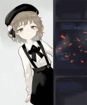  animal asle beret black_bow black_hat black_ribbon black_skirt blush bow brown_eyes brown_hair closed_mouth collared_shirt commentary_request fish fish_tank flower hair_flower hair_ornament hair_rings hat hatoba_tsugu hatoba_tsugu_(character) leaning_to_the_side long_sleeves mole mole_under_eye ribbon rose shirt skirt smile solo suspender_skirt suspenders virtual_youtuber water white_flower white_rose white_shirt 