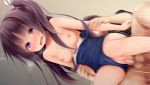  1girl blush breasts brown_hair censored commentary_request eyebrows_visible_through_hair haryuu_(poetto) hetero long_hair mosaic_censoring motion_blur nipples one-piece_swimsuit one_side_up open_mouth original penis purple_eyes school_swimsuit sex small_breasts solo_focus swimsuit swimsuit_aside swimsuit_pull testicles topless vaginal wavy_mouth 