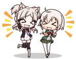  &gt;_&lt; ahoge aka_shiba animal_ears azur_lane black_legwear blush cat_ears check_commentary chibi commentary_request grey_hair kantai_collection long_sleeves multiple_girls namesake pun shimushu_(kantai_collection) shimushu_pose sims_(azur_lane) smile thighhighs white_legwear 