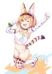  animal_ears blonde_hair bow buruma elbow_gloves extra_ears gloves highres japan_racing_association kanabun kemono_friends logo multicolored multicolored_clothes multicolored_legwear one_eye_closed serval_(kemono_friends) short_hair simple_background skindentation solo tail tank_top thighhighs track_uniform yellow_eyes 