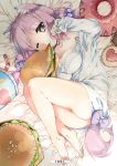  alice_or_alice animal_ears ass barefoot bed_sheet breasts cleavage collarbone fetal_position fox_ears fox_tail from_above full_body grey_eyes hair_bobbles hair_ornament highres katagiri_hinata long_hair looking_at_viewer lying medium_breasts naked_sweater on_side one_eye_closed pink_hair plantar_flexion ruha_(alice_or_alice) solo sweater tail white_sweater 