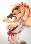  ;d ahoge armpit_peek arms_up bangs black-framed_eyewear black_bra blonde_hair blue_eyes blush bow bra breasts brown_gloves cleavage collared_shirt eyebrows_visible_through_hair eyewear_on_head girls_frontline gloves gradient gradient_background grin hair_between_eyes hair_ornament hair_ribbon hairclip headset highres kalina_(girls_frontline) large_breasts long_hair looking_at_viewer one_eye_closed open_mouth outstretched_arm ponytail pouch rainmaker reaching_out red_bow red_ribbon ribbon self_shot shirt smile solo sunglasses teeth underwear upper_body v-shaped_eyebrows v_over_eye white_background white_shirt wing_collar x_hair_ornament 