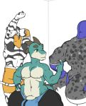  anthro barely_visible_genitalia big_penis equine group humanoid_penis male mammal muscular muscular_male penis scalie slightly_chubby standing tezukuri thick_thighs zebra 