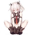  ankle_boots artist_name boots butterfly_sitting choker commentary_request destroyer_water_oni goekawa hands_on_own_feet horns kantai_collection pale_skin red_eyes shinkaisei-kan sitting solo white_hair 