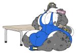  anthro bulge clothing footwear headphones hyper hyper_bulge lizard male muscular overweight overweight_male pecs reptile scalie shoes sitting sweat tezukuri tight_clothing water_bottle 