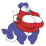  anthro big_breasts breasts cleavage clothed clothing cookie cup eyes_closed female food horn huge_breasts hyper hyper_breasts obese overweight overweight_female scalie solo standing sweater tezukuri 