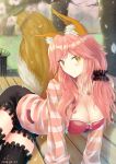  all_fours animal_ears black_legwear blush bra breasts cleavage collarbone dated detached_sleeves fang fate/extra fate_(series) fox_ears fox_tail highres jewelry large_breasts long_hair looking_at_viewer nature necklace open_clothes open_shirt outdoors petals pink_bra pink_hair s.claw shirt solo striped striped_shirt tail tamamo_(fate)_(all) tamamo_no_mae_(fate) thighhighs tree underwear yellow_eyes 
