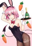  animal_ears black_leotard bottle bow bowtie breasts brown_legwear bunny_ears bunny_girl bunny_tail bunnysuit carrot cup demon_tail detached_collar drinking_glass gradient gradient_background highres leotard looking_at_viewer momo_velia_deviluke pantyhose pink_background pink_eyes pink_hair red_neckwear short_hair small_breasts solo tail to_love-ru to_love-ru_darkness tray wine_glass wrist_cuffs zeroonethousand 