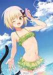  ;d alice_or_alice arm_up ass_visible_through_thighs bikini blonde_hair blue_sky blurry brown_eyes cat_tail cowboy_shot day depth_of_field eyebrows_visible_through_hair fang flat_chest frilled_bikini frills green_bikini hair_ribbon highres konbu_wakame looking_at_viewer mako_(alice_or_alice) navel one_eye_closed open_mouth outdoors outstretched_hand ribbon scan short_hair sky smile solo splashing swimsuit tail tail_raised tress_ribbon wading 