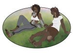  2016 anthro barefoot breasts brown_hair canine clothed clothing duo female grass hair hand_holding long_hair mammal open_mouth pants sabretoothed_ermine shirt sitting skirt smile transformation were werewolf wolf 