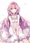  astolfo_(fate) bow cherry_blossoms commentary_request dress fang fate/apocrypha fate_(series) frilled_dress frills hair_bow hair_down hair_intakes hair_ornament hands_on_lap highres hiyunagi long_hair looking_at_viewer male_focus multicolored_hair open_mouth otoko_no_ko petals pink_eyes pink_hair sitting sleeveless sleeveless_dress smile solo streaked_hair white_bow white_dress white_hair 