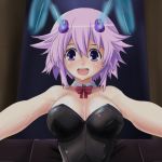  1girl animal_ears blush breasts bunny_ears bunnysuit choujigen_game_neptune cleavage detached_collar female hair_ornament leotard looking_at_viewer neptune_(choujigen_game_neptune) open_mouth outstretched_arms purple_eyes purple_hair short_hair smile solo tied_hair wbd 