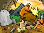  2005 3_toes 4:3 arthropod blechy bone brown_fur cave cloud comb detailed_background digital_media_(artwork) duo_focus fur group jubjub mountain neopets official_art orange_skin petpetpet pinchit plant rock scissors shrub sitting skritch sky stone sun toes yellow_fur 