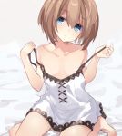  bare_shoulders blanc blancpig_yryr blue_eyes breasts brown_hair collarbone commentary_request dress expressionless highres holding_strap neptune_(series) off_shoulder short_hair simple_background small_breasts solo spaghetti_strap white_dress 