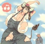  animal_humanoid anthro big_breasts bovine breasts brown_hair cattle cleavage clothed clothing cloud cow_humanoid denim duo female hair hair_ribbon hataraki_ari horn humanoid male mammal nipple_bulge overalls ribbons shirt short_hair solo_focus stretching sukimi_(hataraki) torn_clothing torn_topwear yellow_eyes 