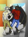  4_eyes anthro clothed clothing dragon duo horn looking_at_viewer male multi_eye muscular muscular_male ndragon3 standing wings 