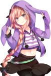  animal_hood astolfo_(fate) bangs black_bow black_legwear black_skirt blush bow braid bunny_hood closed_mouth contrapposto cowboy_shot eyebrows_visible_through_hair fang fang_out fate/grand_order fate_(series) gomano_rio hair_bow hands_up head_tilt headgear highres hood hood_up hooded_jacket jacket jewelry long_hair long_sleeves looking_at_viewer male_focus multicolored_hair navel necklace otoko_no_ko pantyhose pendant pink_hair pom_pom_(clothes) purple_eyes purple_jacket shiny shiny_hair shirt simple_background single_braid skirt smile solo standing streaked_hair striped striped_shirt tareme v-neck very_long_hair white_background white_hair 