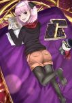  1girl alternate_costume ass bed blush book bow fate/grand_order fate_(series) hair_bow helena_blavatsky_(fate/grand_order) hoodie looking_at_viewer looking_back lying on_stomach open_mouth purple_eyes purple_hair shiny shiny_hair shiroki short_hair short_shorts shorts smile solo thighhighs 