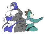  anthro balls barely_contained big_balls big_biceps clothing duo gloves huge_balls huge_thighs humanoid_penis hyper hyper_balls lizard male overweight overweight_male penis reptile scalie tezukuri thick_thighs vein wrestling_outfit 
