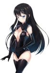  9 black_gloves black_hair black_legwear black_leotard blue_eyes blush breasts brown_hair cleavage elbow_gloves floating_hair gloves hair_ornament highres kyandii leotard long_hair looking_at_viewer medium_breasts number parted_lips personification samsung_galaxy_s9 shiny shiny_clothes simple_background solo standing thighhighs very_long_hair white_background 