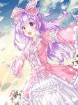  cloud cloudy_sky dress frilled_dress frills highres kazuneko_(wktk1024) lolita_fashion nepgear neptune_(series) open_mouth pink_dress purple_eyes purple_hair ribbon sky solo 