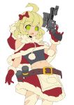  abs absurdres ahoge apron bare_shoulders belt bow breasts fengmo fur_trim gloves green_eyes gun hair_bow handgun highleg highres holding holding_gun holding_weapon hood laser_sight medium_hair navel open_mouth original pinky_out red_bow red_gloves red_skirt revolver s&amp;w_m&amp;p_r8 scope simple_background skirt small_breasts smith_&amp;_wesson solo thighhighs thong torn_clothes torn_legwear waist_apron weapon white_background white_legwear work_in_progress 