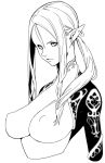  breasts character_request closed_mouth covered_nipples cropped_torso earrings elf jewelry large_breasts lips long_hair looking_to_the_side monochrome nipple_slip nipples pointy_ears solo velzhe 