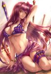  arm_up armpits bangs bikini bracelet breasts commentary eyebrows_visible_through_hair fate/grand_order fate_(series) flower gae_bolg hair_flower hair_ornament head_tilt highres jewelry large_breasts long_hair navel parted_lips polearm purple_bikini purple_flower purple_hair purple_sarong ryou_(pix_gallerio) sarong scathach_(fate)_(all) scathach_(swimsuit_assassin)_(fate) see-through shiny shiny_hair sitting solo spear swimsuit thigh_strap very_long_hair weapon yokozuwari 