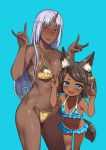  age_difference animal_ears bikini blue_background blue_bikini blue_eyes blush braid breasts cameltoe collarbone dark_skin elbow_gloves fang flat_chest fox_shadow_puppet frilled_bikini frills fur gloves hai_ookami height_difference highres horn large_breasts leaning_forward long_hair multiple_girls nail_polish navel nose_blush older oni oni_horn open_mouth original purple_hair red_eyes red_nails short_hair side-tie_bikini side-tie_bottom simple_background standing swimsuit tail tan 