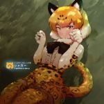  5_fingers absolute_territory animal_humanoid armwear blonde_hair breasts clothing elbow_gloves eyebrows eyelashes feline female fur_collar gloves green_eyes hair hi_res humanoid jaguar_(kemono_friends) jaguar_humanoid japanese_text kemono_friends legwear mammal mityubi multicolored_eyes paw_pose ribbons shirt skirt small_breasts smile solo spots spotted_tail text thigh_highs translated yellow_eyes 