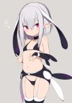  animal_ears bangs bikini black_bikini black_legwear black_skirt blush bunny_ears bunny_tail closed_mouth collar commentary detached_sleeves eyebrows_visible_through_hair flat_chest gamuo garter_straps grey_background grey_hair hair_between_eyes hairband hands_up looking_at_viewer navel original pointy_ears purple_eyes short_hair short_hair_with_long_locks showgirl_skirt simple_background skirt solo swimsuit tail thighhighs tsurime v 