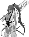  bandages bow breasts cameltoe chain character_request dark_skin hair_bow huge_breasts long_hair looking_at_viewer monochrome ponytail sarashi scar shiny shiny_skin solo sword velzhe weapon 