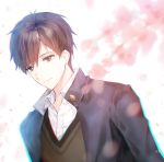  brown_eyes brown_hair cherinova cherry_blossoms closed_mouth commentary_request fate/prototype fate/prototype:_fragments_of_blue_and_silver fate_(series) highres kitano_tatsumi long_sleeves looking_to_the_side pink_petals shirt vest white_background white_shirt 
