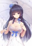  :o ahoge bangs bare_arms bare_shoulders benghuai_xueyuan black_hair blue_flower blue_ribbon blunt_bangs braid breasts choker cleavage commentary_request covered_collarbone dress eyebrows_visible_through_hair flower hair_flower hair_intakes hair_ornament hair_tie halterneck hand_on_own_chest hand_up head_tilt highres honkai_impact large_breasts liu_lan long_hair looking_at_viewer parasol purple_eyes raiden_mei ribbon ribbon_choker see-through side_braid sidelocks sleeveless sleeveless_dress solo umbrella white_choker white_dress white_umbrella 