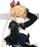  arm_up bangs belphe_gor_bacchus blonde_hair breasts cleavage cropped_jacket elf from_side fur_trim hair_ornament jacket kasuka_(kusuki) large_breasts looking_at_viewer open_clothes open_jacket open_mouth original pointy_ears ponytail solo sweatdrop upper_body yellow_eyes 