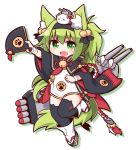  :d animal_ears azur_lane bangs bell black_capelet black_hairband black_legwear black_ribbon blush capelet dress eyebrows eyebrows_visible_through_hair fan fang folding_fan fox_ears fox_tail full_body green_eyes green_hair hair_bell hair_between_eyes hair_ornament hair_ribbon hairband hikimayu holding holding_fan isokaze_(azur_lane) jingle_bell leg_up long_hair long_sleeves looking_at_viewer machinery naga_u no_nose object_on_head open_mouth outstretched_arm paw_print ribbon short_dress silhouette simple_background smile solo tabi tail tassel thick_eyebrows thighhighs torpedo turret v-shaped_eyebrows white_background white_dress wide_sleeves x_x zettai_ryouiki 