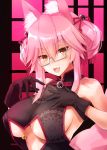  :d animal_ear_fluff animal_ears black_gloves blush breasts china_dress chinese_clothes commentary_request dress fang fate/grand_order fate_(series) fox_ears glasses gloves hair_bobbles hair_ornament koyanskaya kurikara large_breasts looking_at_viewer open_mouth pink_hair semi-rimless_eyewear sideboob sidelocks smile solo under-rim_eyewear underboob upper_body yellow_eyes 
