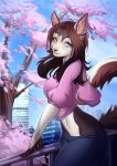 2018 anthro black_nose breasts brown_hair cat clothed clothing day detailed_background digital_media_(artwork) feline female hair heterochromia mammal midriff nitricacid outside sky smile solo 