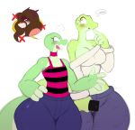  2018 anthro big_thighs biped bliss_(sssonic2) blush breasts brown_hair clothed clothing dialogue digital_media_(artwork) duo english_text female hair hi_res holding_object holding_phone huge_hips huge_thighs joy_(sssonic2) lizard midriff miss_l off_shoulder open_mouth pants phone reptile scalie sibling simple_background sisters sssonic2 text voluptuous white_background wide_hip wide_hips yellow_eyes 